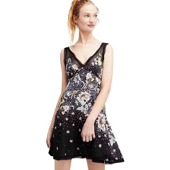 Free People Intimately Dress Medium Black Floral Longwood Slip Fairy Whimsy Boho - Picture 1 of 15